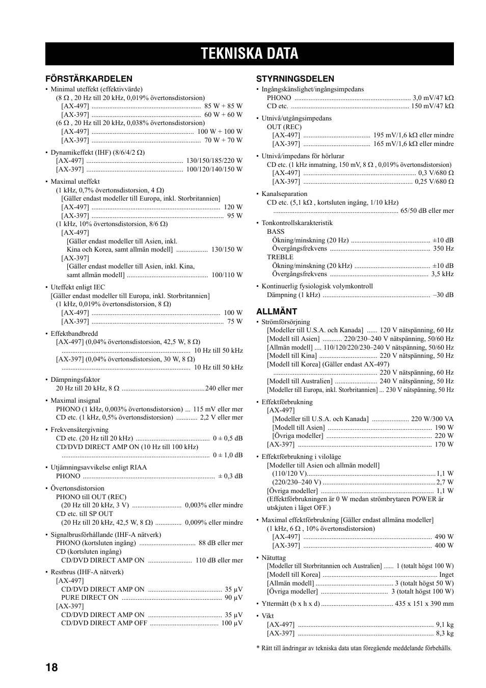 Tekniska data | Yamaha AX-497 User Manual | Page 77 / 116