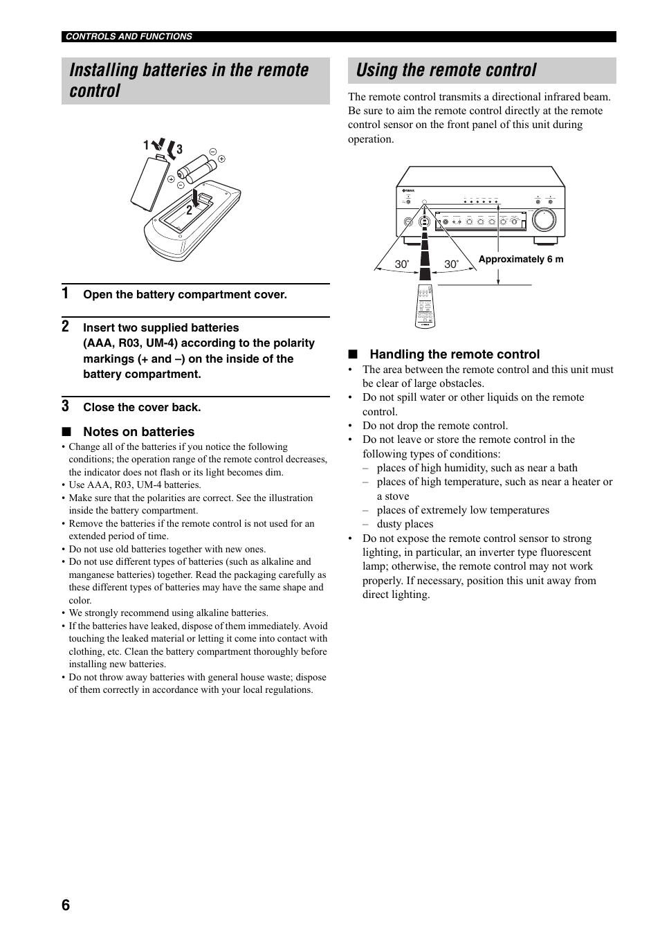 Installing batteries in the remote control, Using the remote control, Handling the remote control | Yamaha AX-497 User Manual | Page 8 / 116
