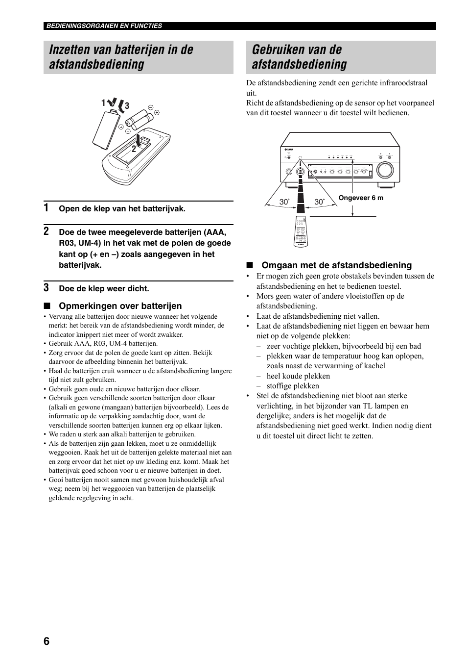 Inzetten van batterijen in de afstandsbediening, Gebruiken van de afstandsbediening, Opmerkingen over batterijen | Omgaan met de afstandsbediening | Yamaha AX-497 User Manual | Page 84 / 116