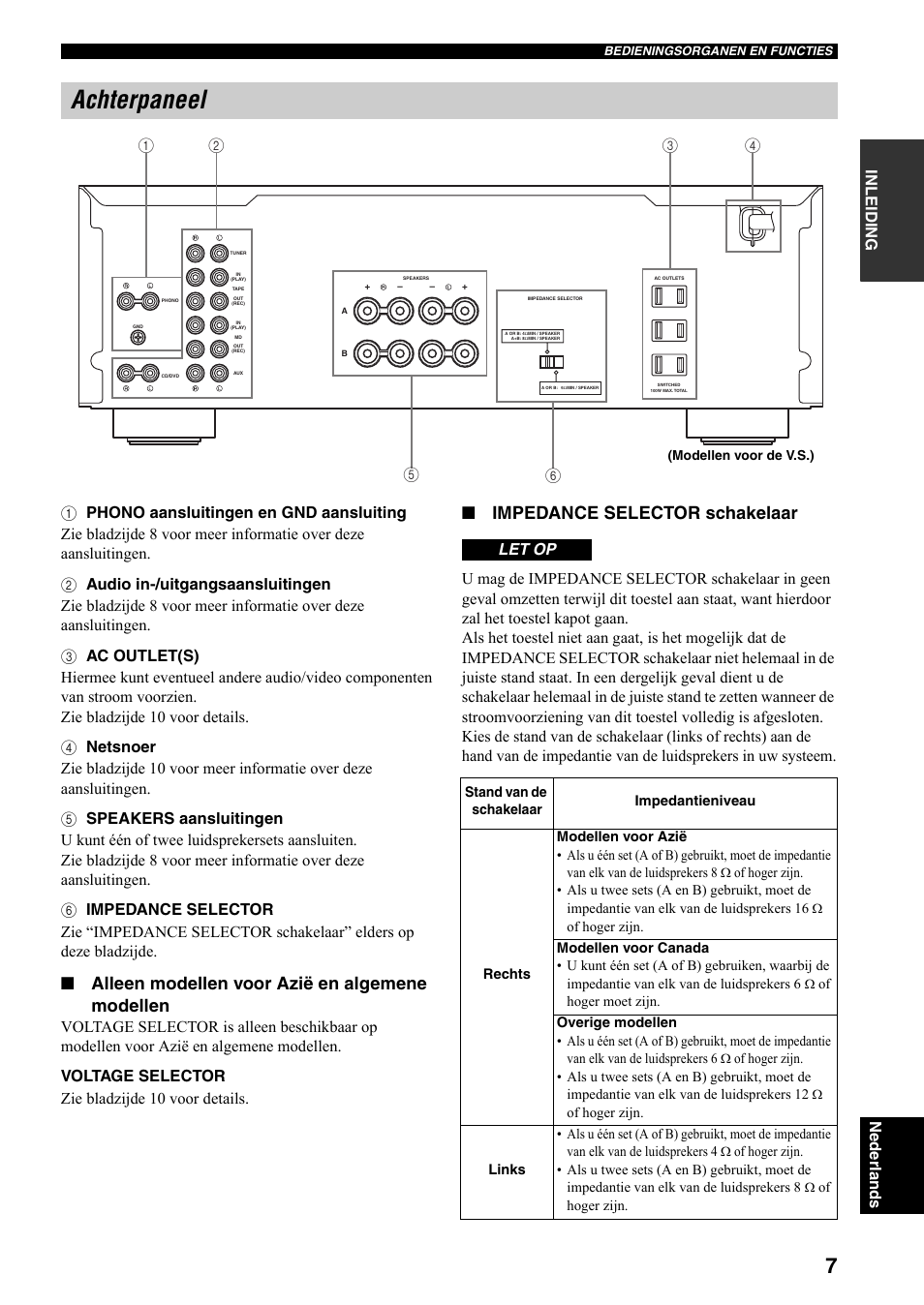 Achterpaneel, Alleen modellen voor azië en algemene modellen, Impedance selector schakelaar | Let op | Yamaha AX-497 User Manual | Page 85 / 116