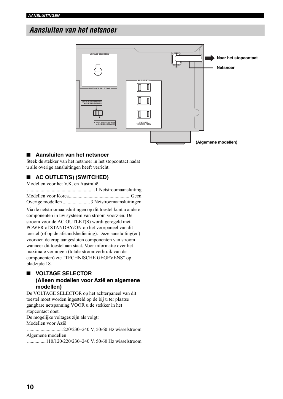 Aansluiten van het netsnoer, Zie bladzijde 10 vo, Ac outlet(s) (switched) | Yamaha AX-497 User Manual | Page 88 / 116