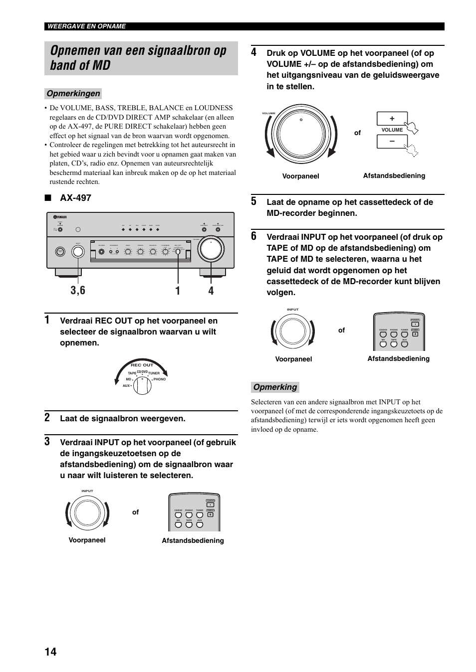 Opnemen van een signaalbron op band of md, Zie bladzijde 14 voor details, Ax-497 | Laat de signaalbron weergeven, Opmerkingen, Opmerking, Standby, On off on off, Afstandsbediening voorpaneel of | Yamaha AX-497 User Manual | Page 92 / 116