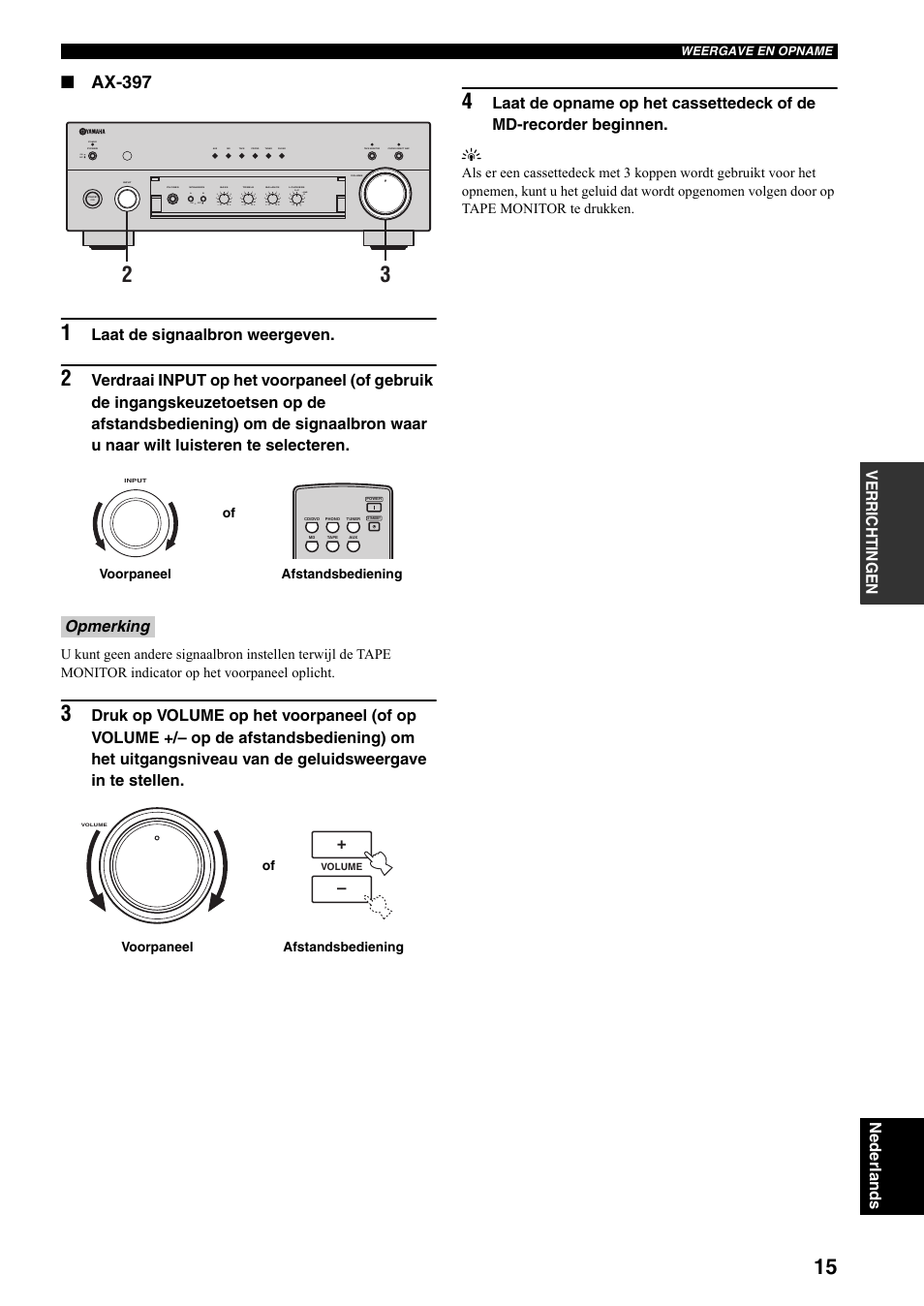 Ax-397, Laat de signaalbron weergeven, Opmerking | Standby, On off on off | Yamaha AX-497 User Manual | Page 93 / 116