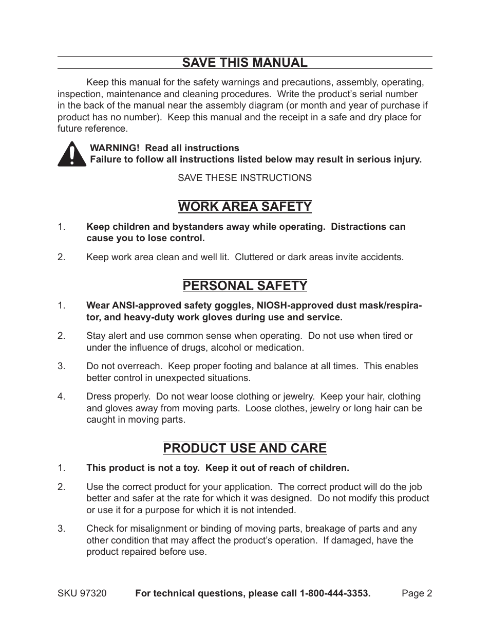 Save this manual, Work area safety, Personal safety | Product use and care | Harbor Freight Tools 97320 User Manual | Page 2 / 6