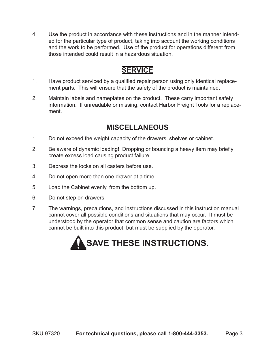 Save these instructions, Service, Miscellaneous | Harbor Freight Tools 97320 User Manual | Page 3 / 6