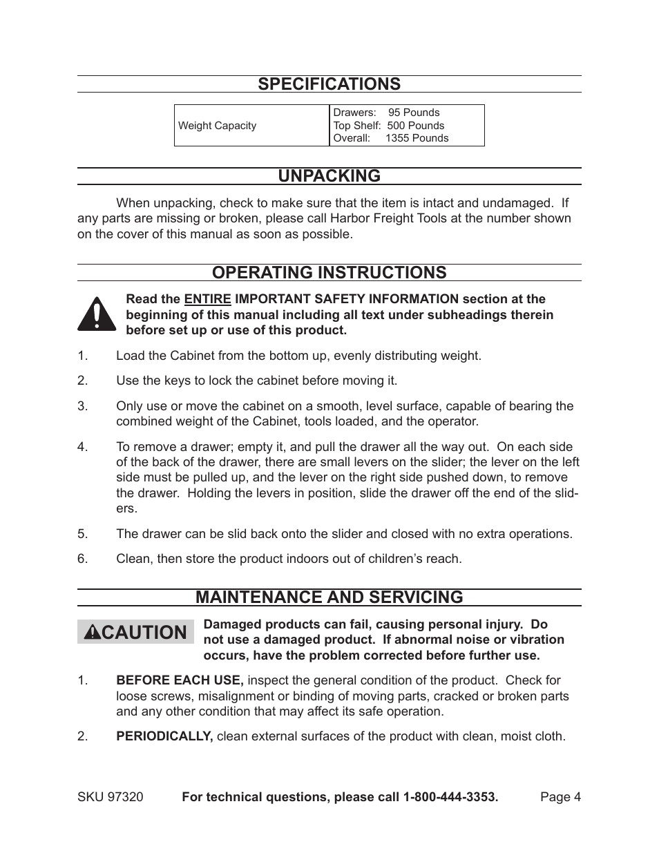 Caution, Specifications, Unpacking | Operating instructions, Maintenance and servicing | Harbor Freight Tools 97320 User Manual | Page 4 / 6