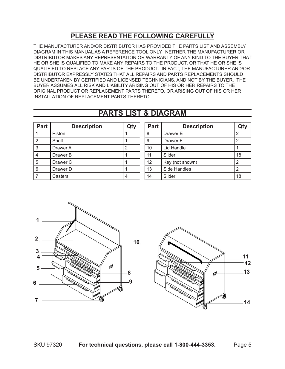 Parts list & diagram, Please read the following carefully | Harbor Freight Tools 97320 User Manual | Page 5 / 6