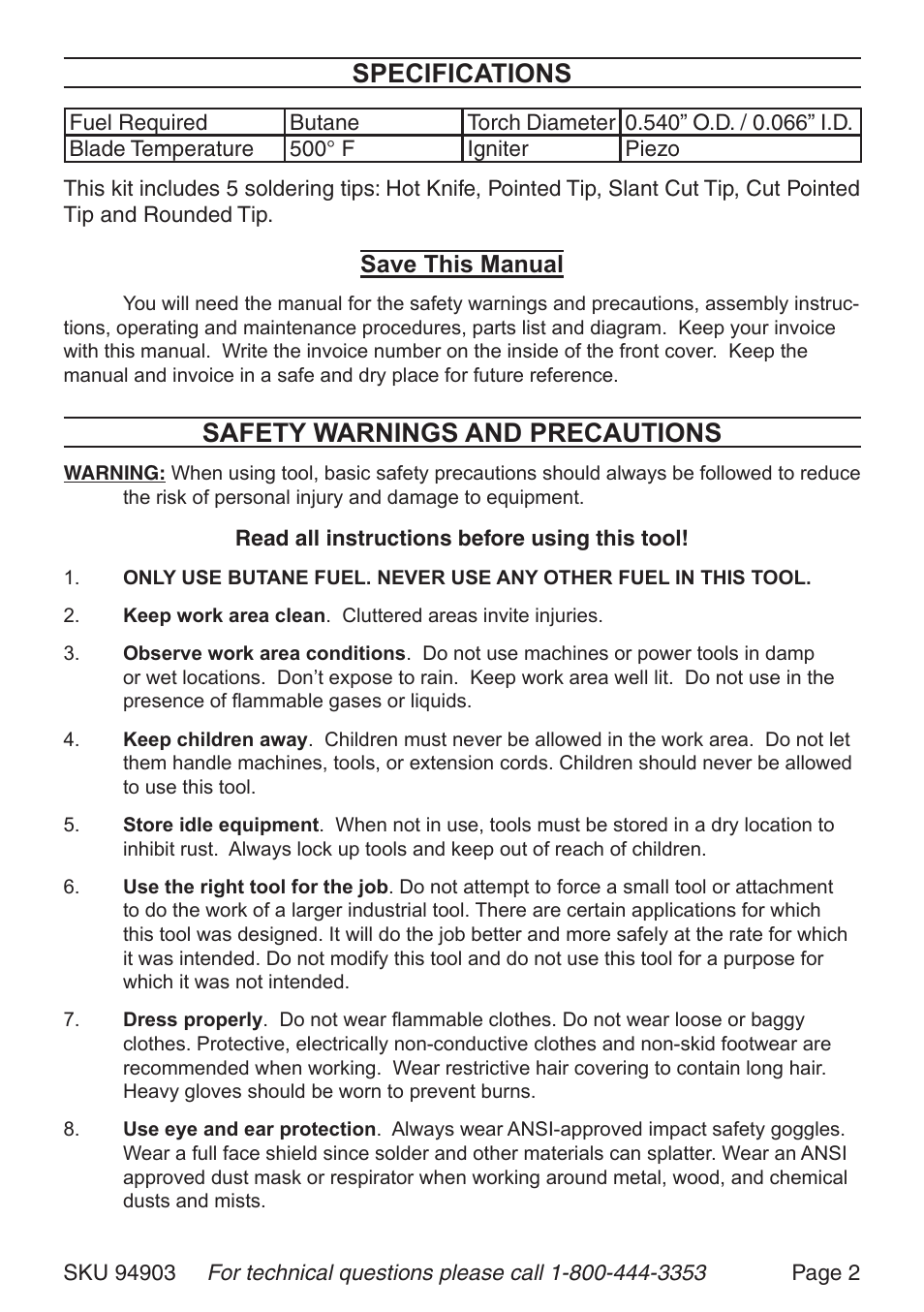 Specifications, Safety warnings and precautions | Harbor Freight Tools TORCH KIT 94903 User Manual | Page 2 / 8