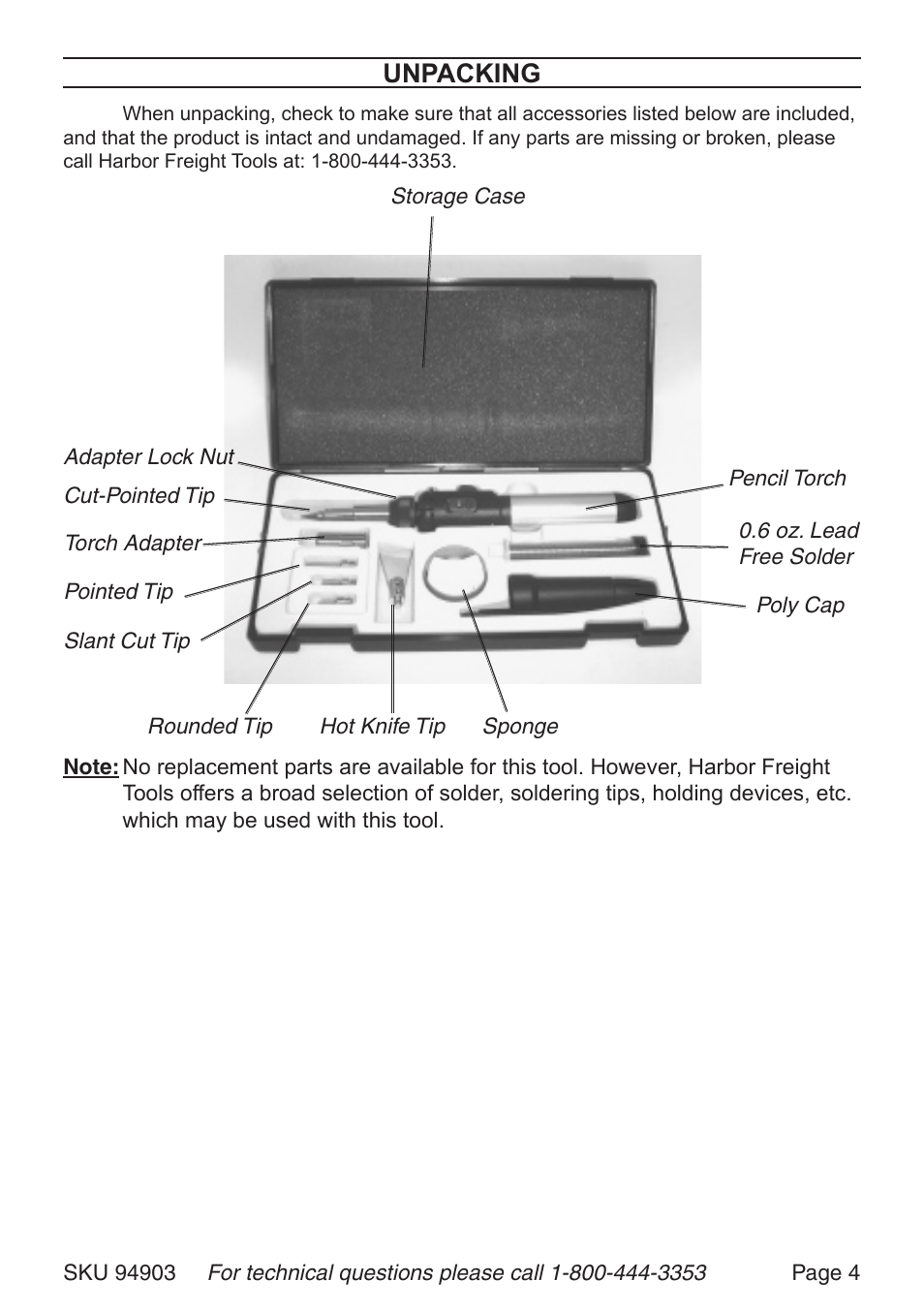 Unpacking | Harbor Freight Tools TORCH KIT 94903 User Manual | Page 4 / 8