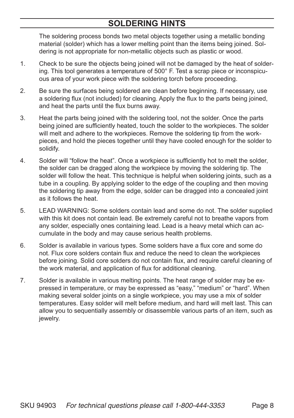 Soldering hints | Harbor Freight Tools TORCH KIT 94903 User Manual | Page 8 / 8