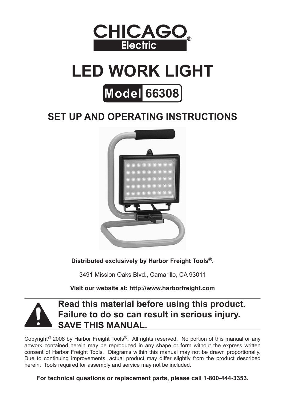 Harbor Freight Tools Chicago Electric LED Work Light 66308 User Manual | 8 pages