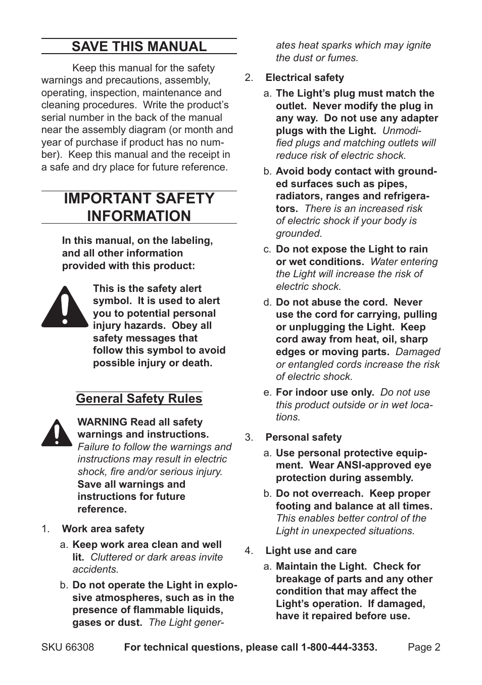 Important safety information, Save this manual, General safety rules | Harbor Freight Tools Chicago Electric LED Work Light 66308 User Manual | Page 2 / 8