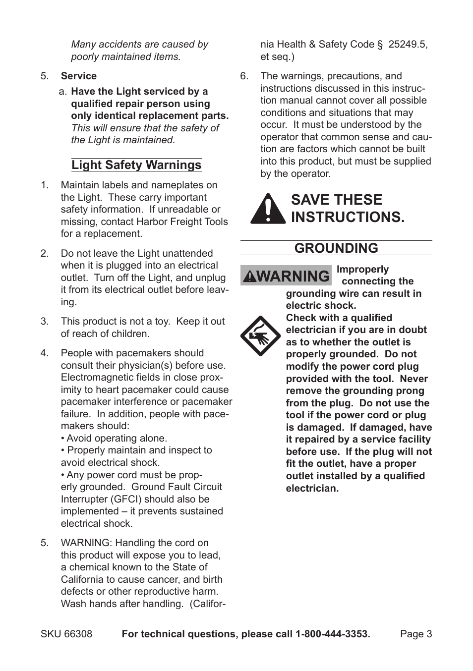 Save these instructions, Grounding, Light safety warnings | Harbor Freight Tools Chicago Electric LED Work Light 66308 User Manual | Page 3 / 8