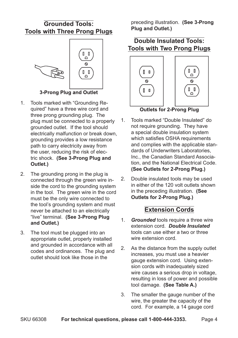 Grounded tools: tools with three prong plugs, Double insulated tools: tools with two prong plugs, Extension cords | Harbor Freight Tools Chicago Electric LED Work Light 66308 User Manual | Page 4 / 8