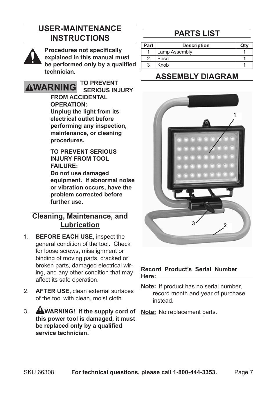 User-maintenance instructions, Parts list, Assembly diagram | Cleaning, maintenance, and lubrication | Harbor Freight Tools Chicago Electric LED Work Light 66308 User Manual | Page 7 / 8