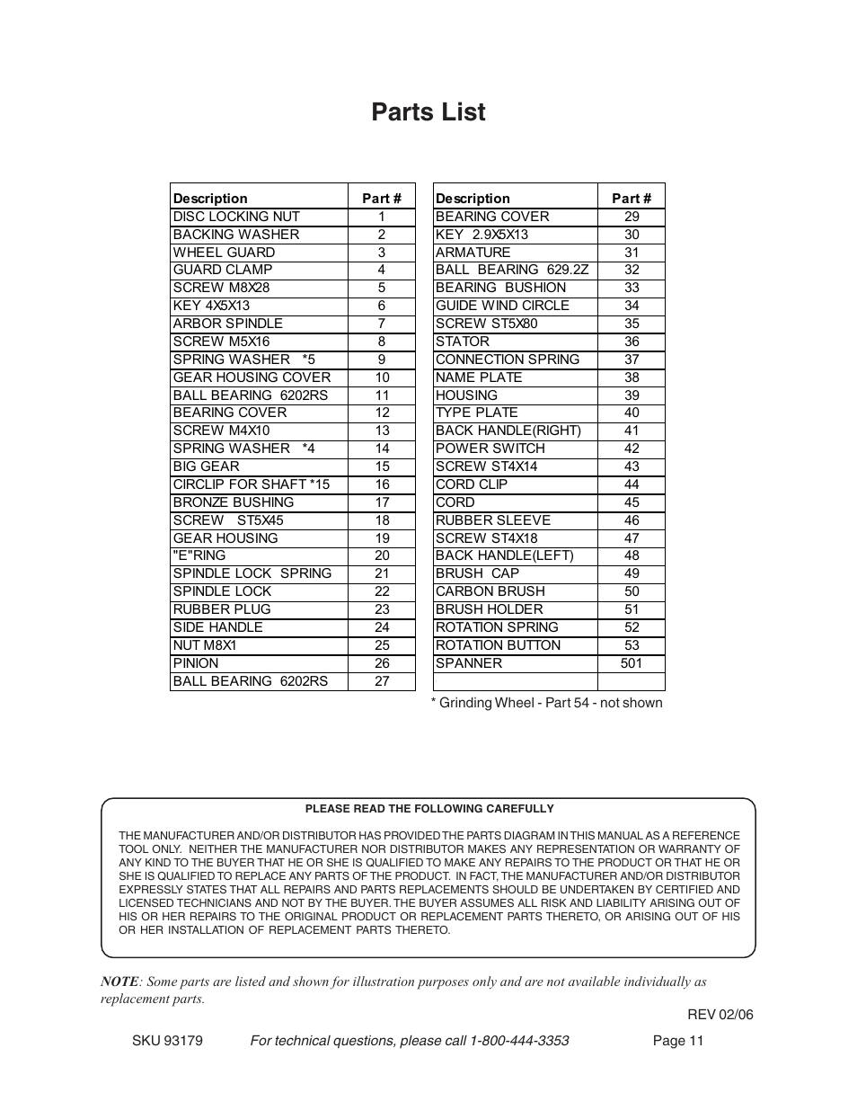 Parts list | Harbor Freight Tools 93179 User Manual | Page 11 / 12