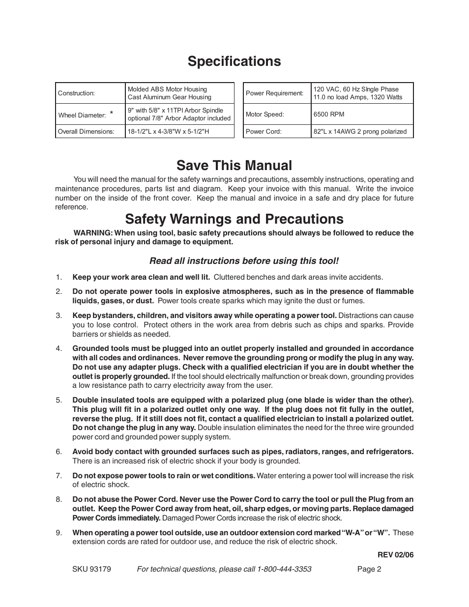 Specifications save this manual, Safety warnings and precautions, Read all instructions before using this tool | Harbor Freight Tools 93179 User Manual | Page 2 / 12