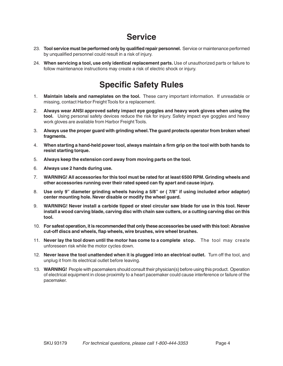 Service, Specific safety rules | Harbor Freight Tools 93179 User Manual | Page 4 / 12