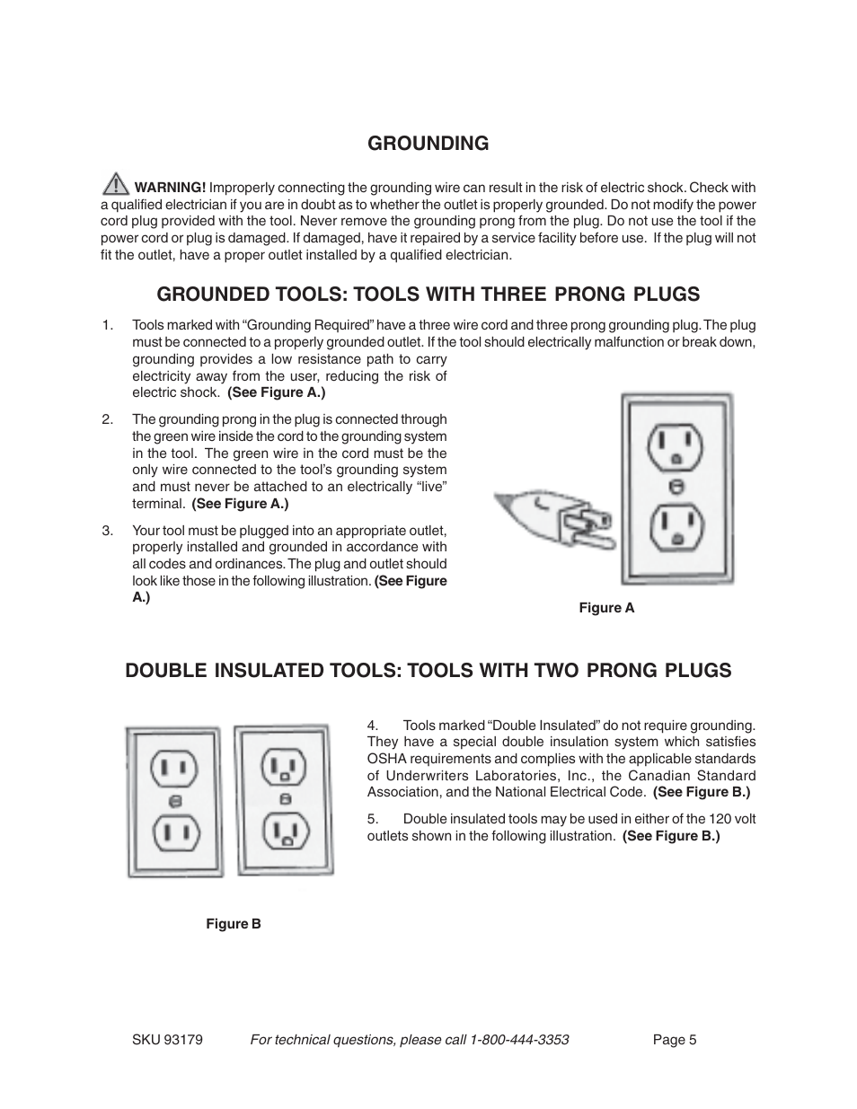 Grounding, Grounded tools: tools with three prong plugs, Double insulated tools: tools with two prong plugs | Harbor Freight Tools 93179 User Manual | Page 5 / 12