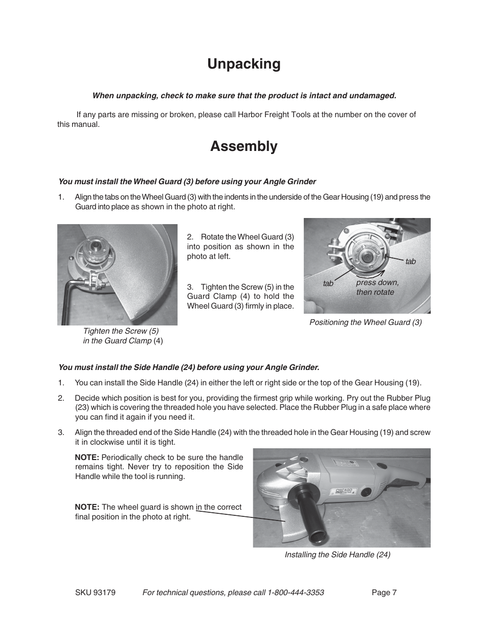 Unpacking, Assembly | Harbor Freight Tools 93179 User Manual | Page 7 / 12