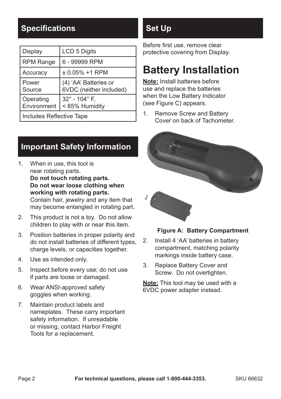 Battery installation, Specifications, Important safety information | Set up | Harbor Freight Tools 66632 User Manual | Page 2 / 4