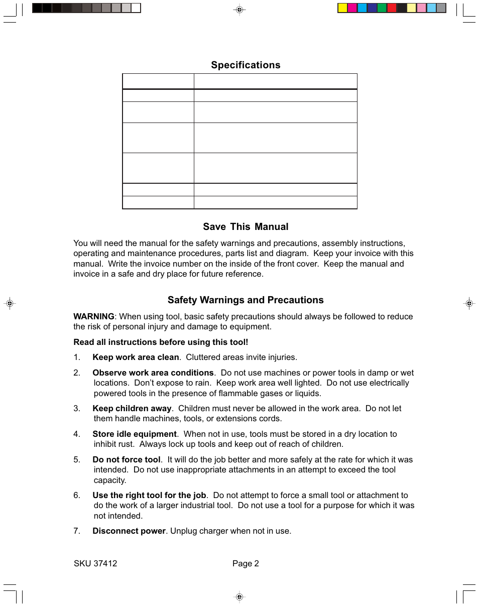 Specifications save this manual, Safety warnings and precautions | Harbor Freight Tools 37412 User Manual | Page 2 / 9