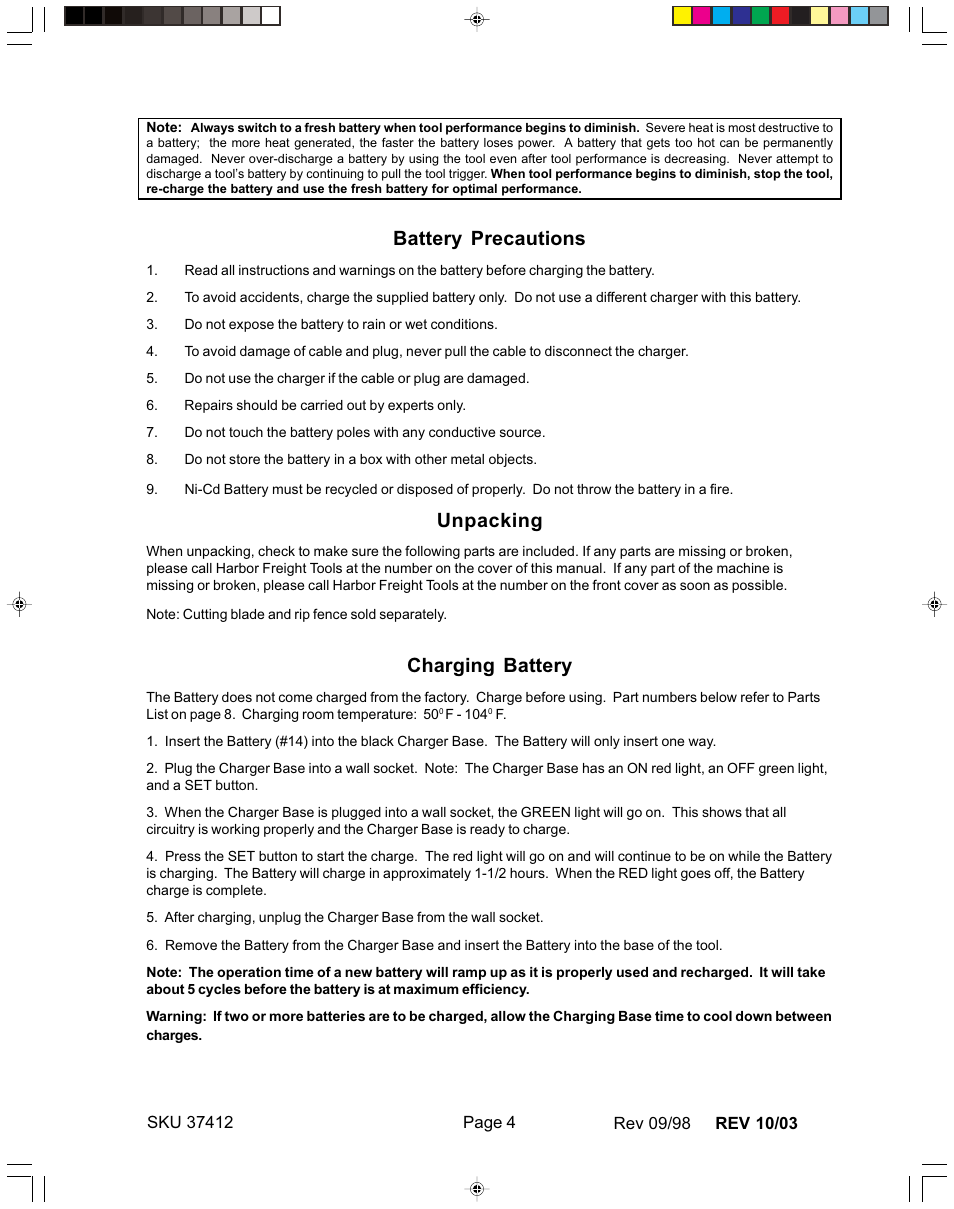 Battery precautions, Unpacking, Charging battery | Harbor Freight Tools 37412 User Manual | Page 4 / 9