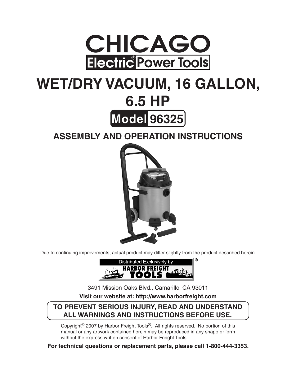 Harbor Freight Tools CHICAGO 96325 User Manual | 15 pages