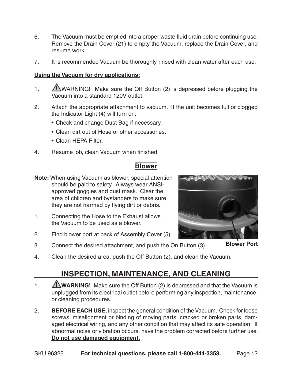 Inspection, maintenance, and cleaning | Harbor Freight Tools CHICAGO 96325 User Manual | Page 12 / 15