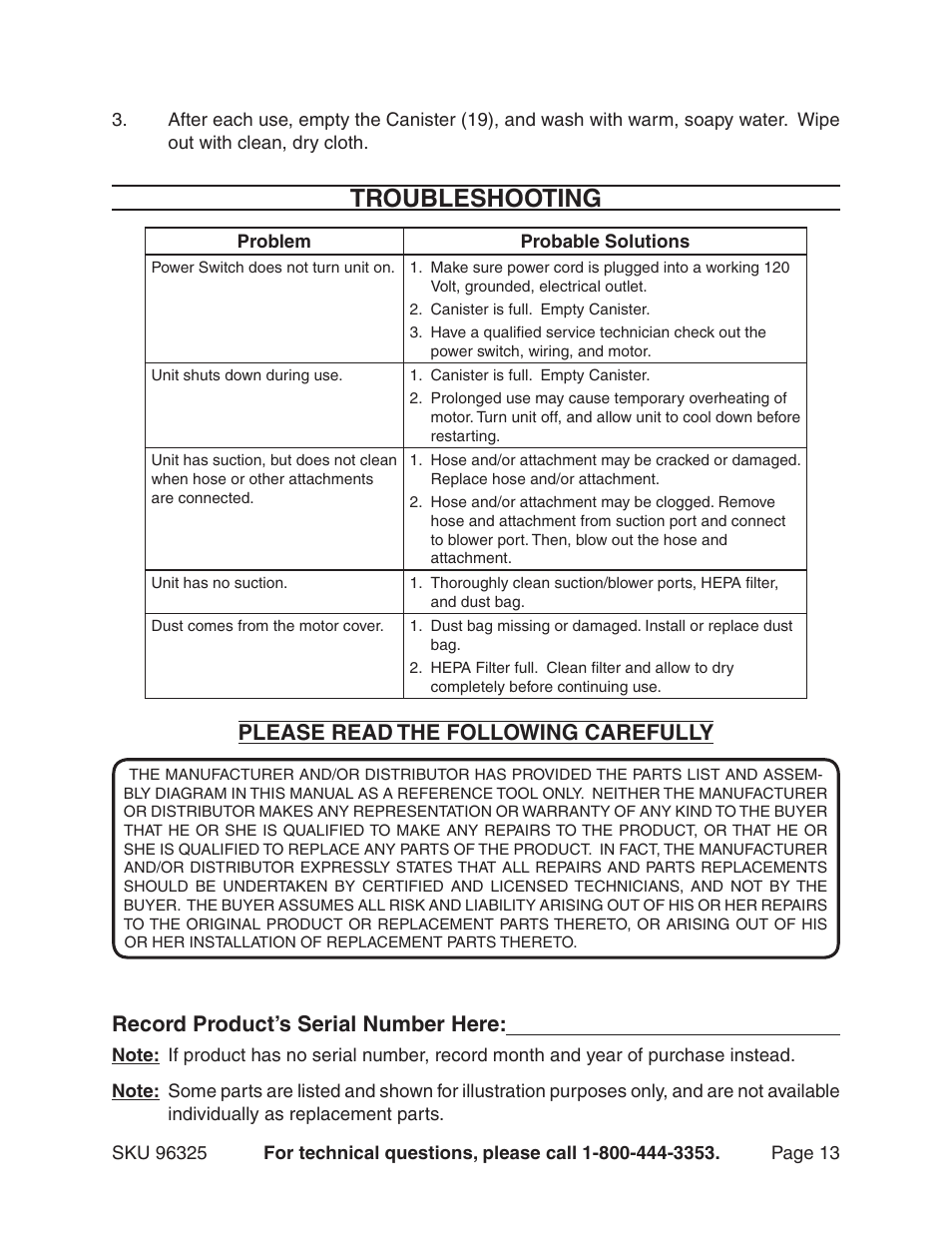 Troubleshooting, Please read the following carefully, Record product’s serial number here | Harbor Freight Tools CHICAGO 96325 User Manual | Page 13 / 15