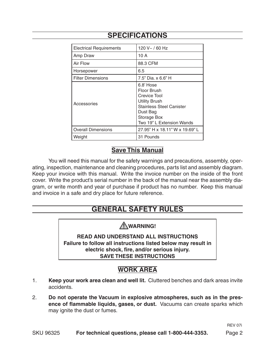 Specifications, General safety rules, Save this manual | Work area | Harbor Freight Tools CHICAGO 96325 User Manual | Page 2 / 15