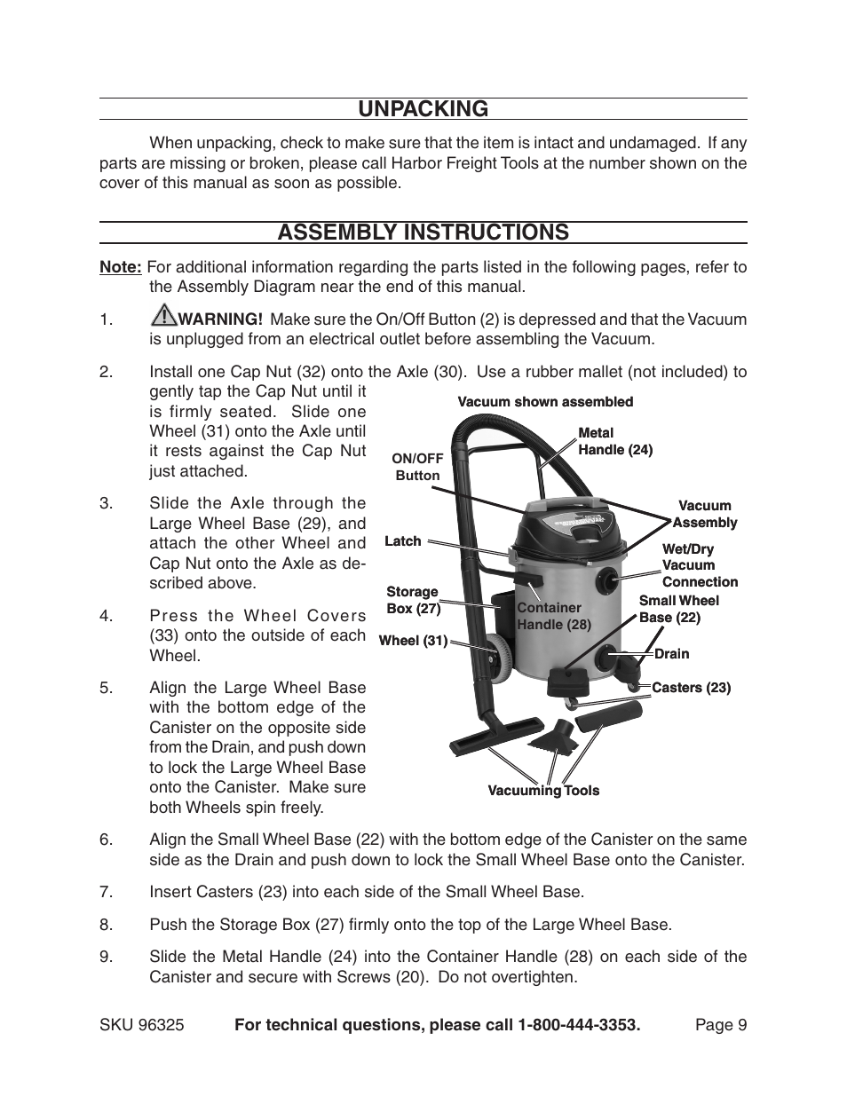 Unpacking, Assembly instructions | Harbor Freight Tools CHICAGO 96325 User Manual | Page 9 / 15