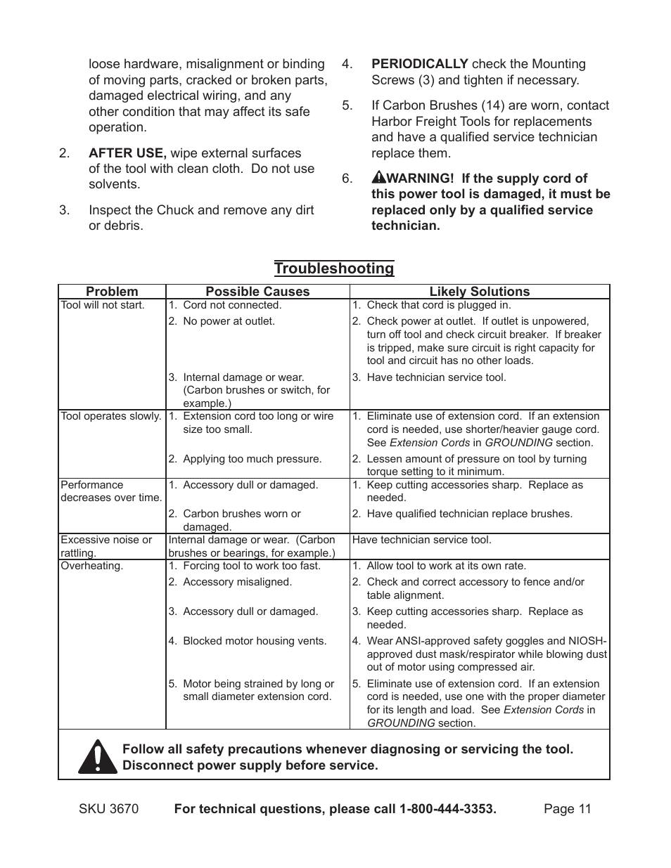 Troubleshooting | Harbor Freight Tools 3670 User Manual | Page 11 / 14