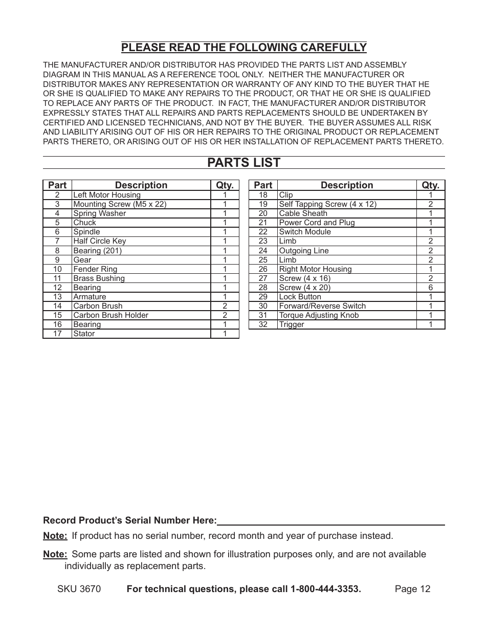 Parts list, Please read the following carefully | Harbor Freight Tools 3670 User Manual | Page 12 / 14