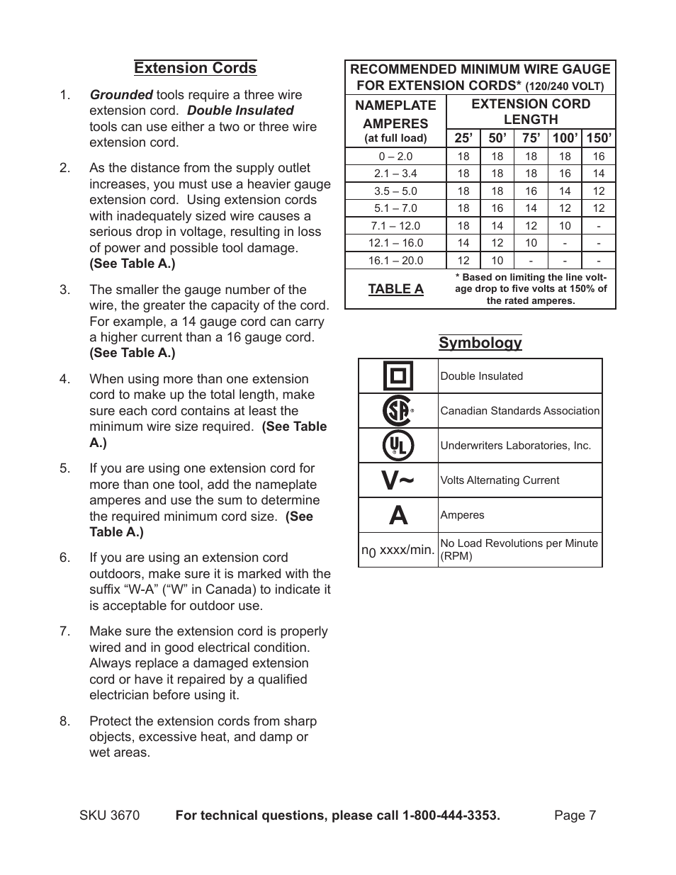 Extension cords, Symbology | Harbor Freight Tools 3670 User Manual | Page 7 / 14