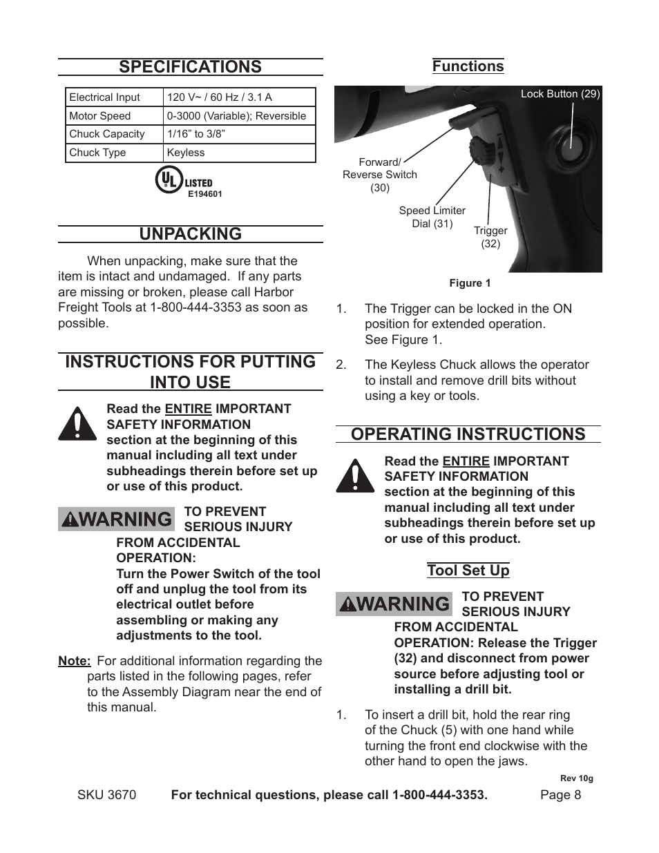 Specifications, Unpacking, Instructions for putting into use | Operating instructions | Harbor Freight Tools 3670 User Manual | Page 8 / 14