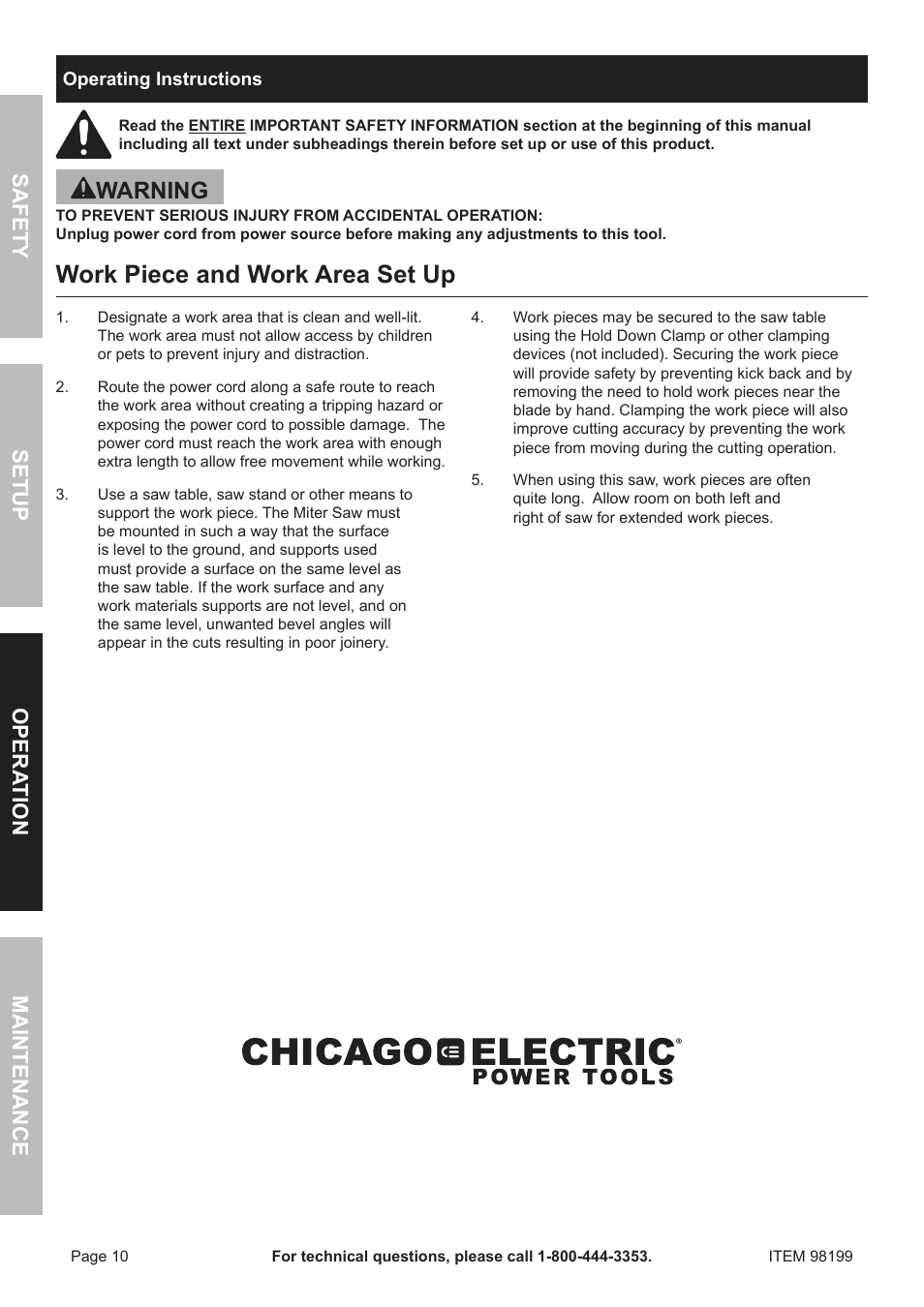 Work piece and work area set up, Warning, Safety o pera tion m aintenance setup | Harbor Freight Tools 98199 User Manual | Page 10 / 20