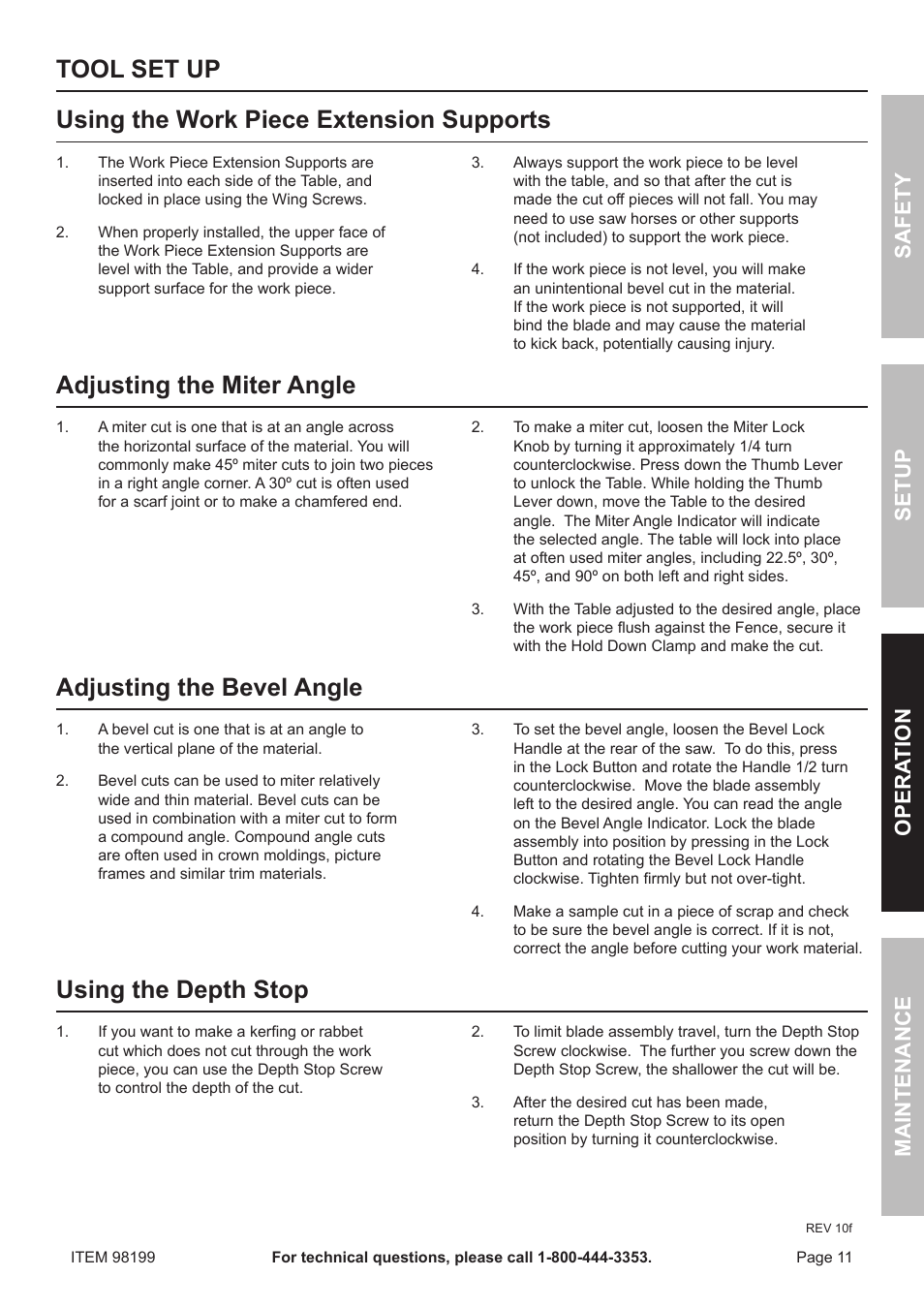 Adjusting the miter angle, Adjusting the bevel angle, Using the depth stop | Safety o pera tion m aintenance setup | Harbor Freight Tools 98199 User Manual | Page 11 / 20