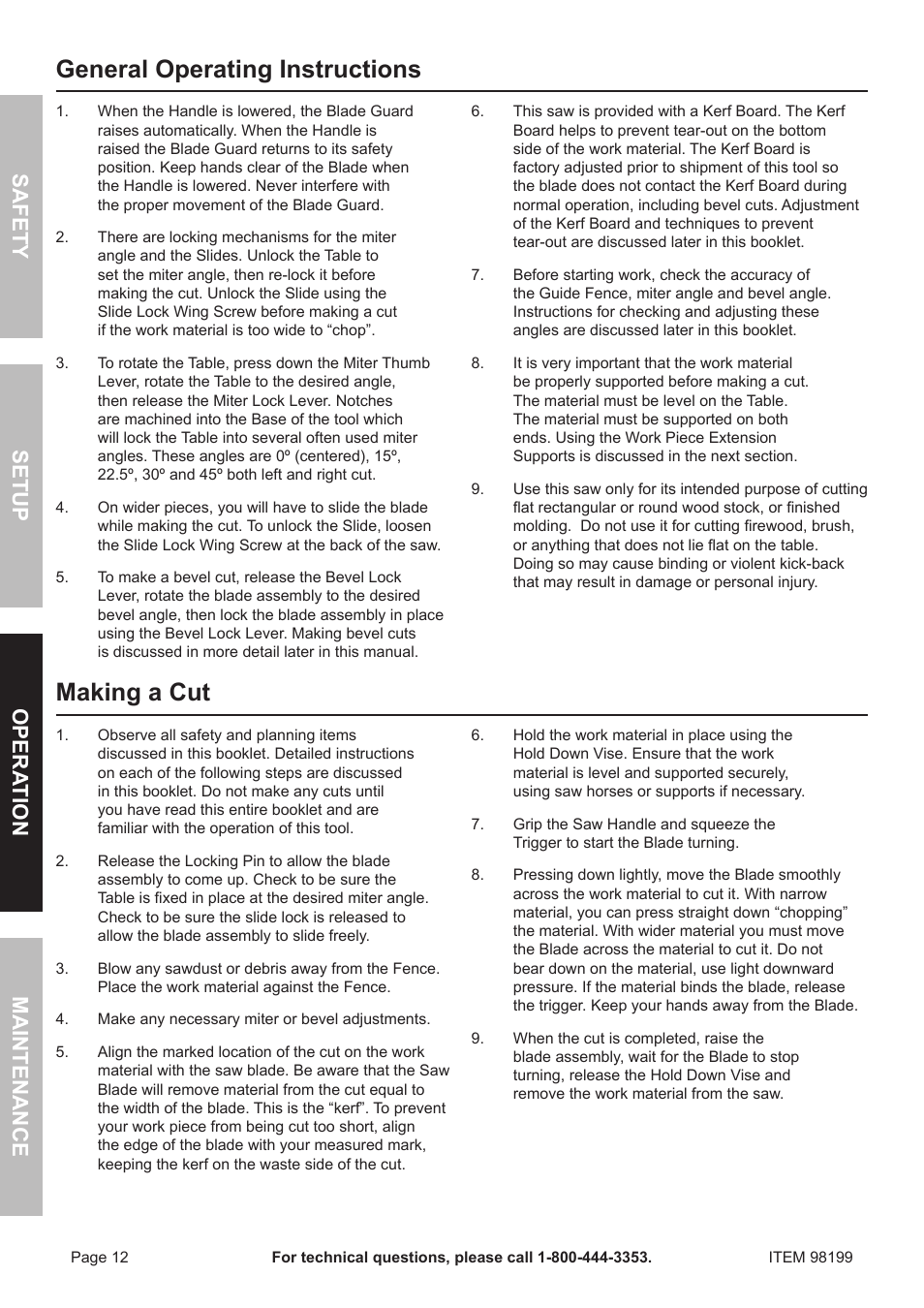 General operating instructions, Making a cut, Safety o pera tion m aintenance setup | Harbor Freight Tools 98199 User Manual | Page 12 / 20