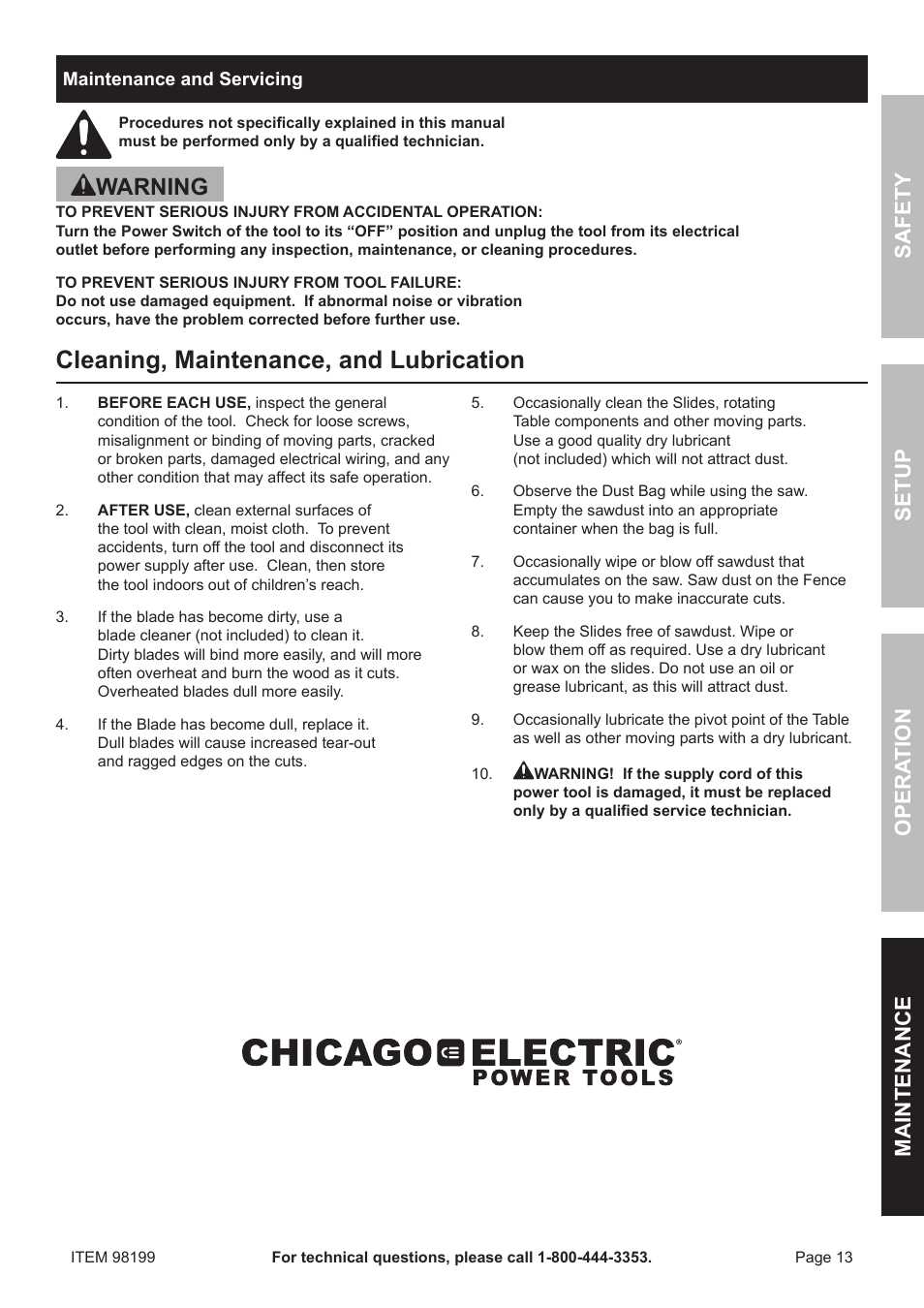 Cleaning, maintenance, and lubrication, Warning, Safety o pera tion m aintenance setup | Harbor Freight Tools 98199 User Manual | Page 13 / 20