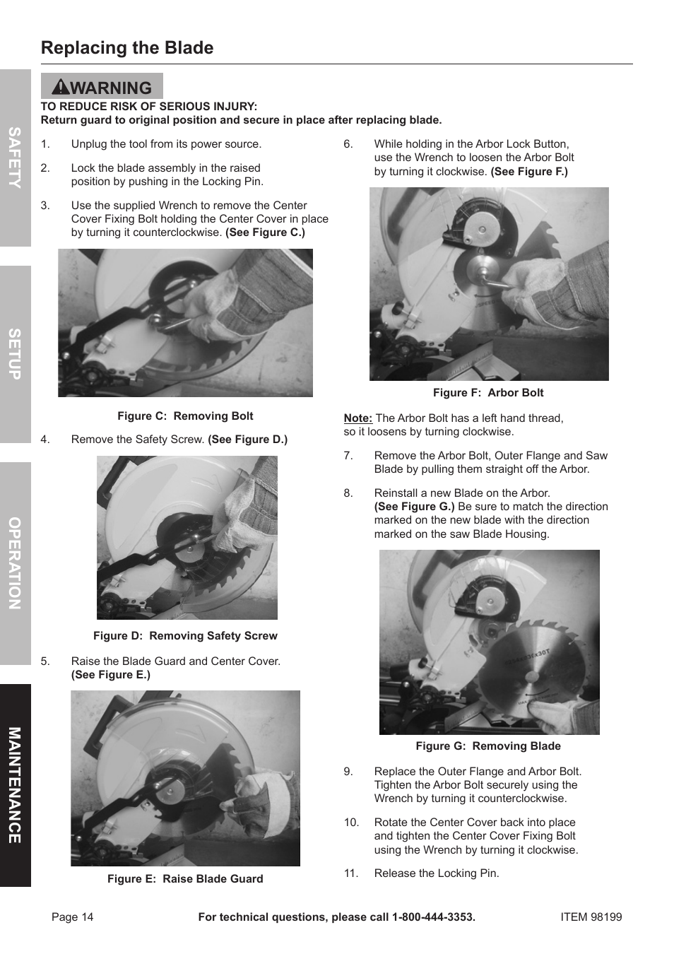 Replacing the blade, Warning, Safety o pera tion m aintenance setup | Harbor Freight Tools 98199 User Manual | Page 14 / 20