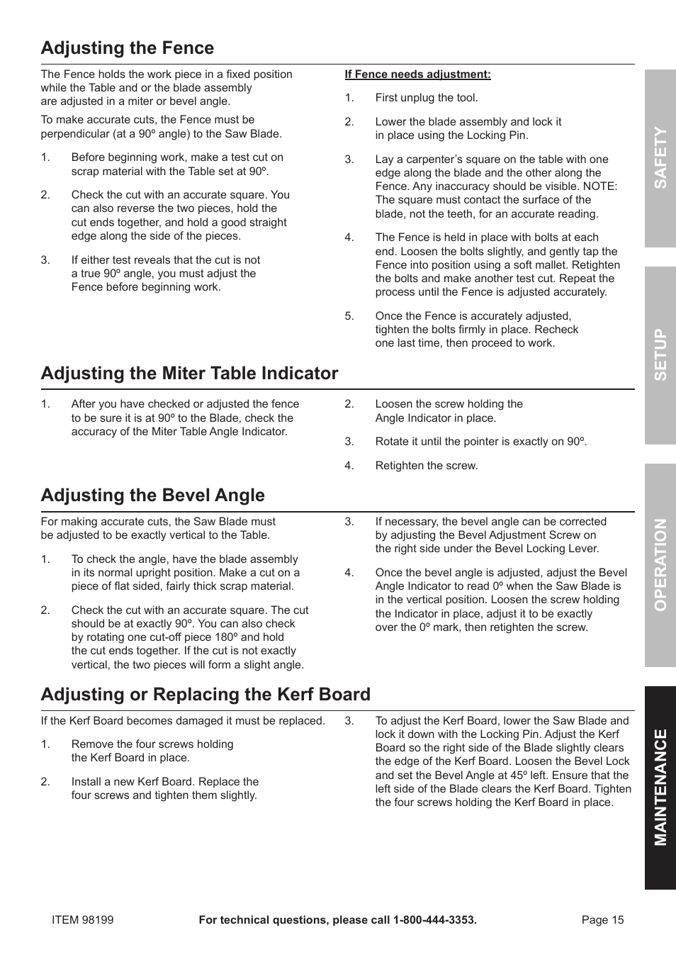 Adjusting the fence, Adjusting the miter table indicator, Adjusting the bevel angle | Adjusting or replacing the kerf board, Safety o pera tion m aintenance setup | Harbor Freight Tools 98199 User Manual | Page 15 / 20