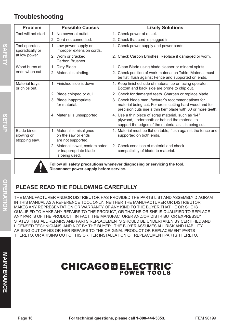 Troubleshooting, Safety o pera tion m aintenance setup, Please read the following carefully | Harbor Freight Tools 98199 User Manual | Page 16 / 20