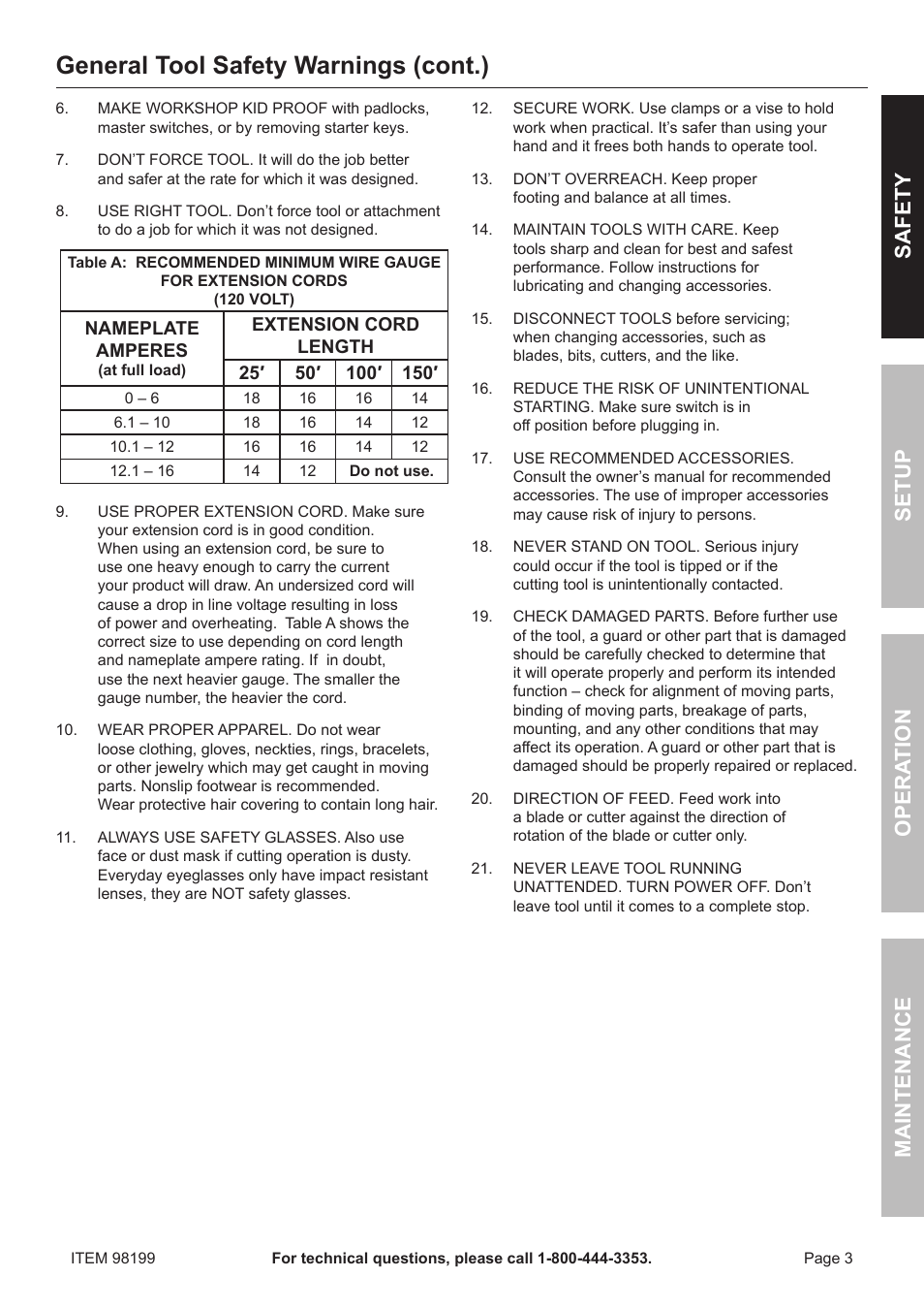 General tool safety warnings (cont.), Safety o pera tion m aintenance setup | Harbor Freight Tools 98199 User Manual | Page 3 / 20