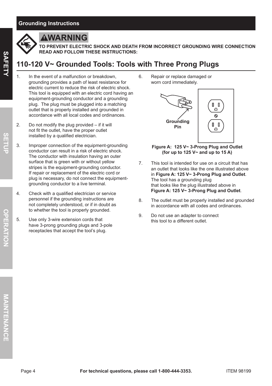 Safety o pera tion m aintenance setup | Harbor Freight Tools 98199 User Manual | Page 4 / 20