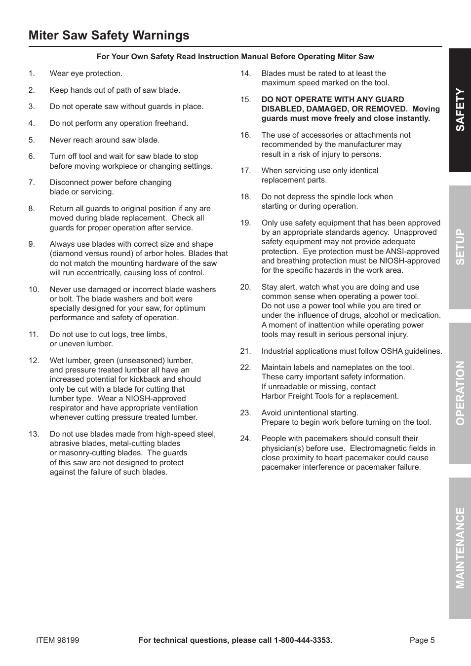 Miter saw safety warnings, Safety o pera tion m aintenance setup | Harbor Freight Tools 98199 User Manual | Page 5 / 20