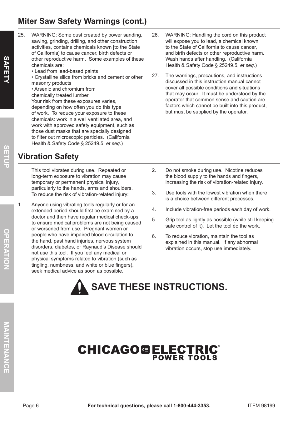Save these instructions, Vibration safety, Miter saw safety warnings (cont.) | Safety o pera tion m aintenance setup | Harbor Freight Tools 98199 User Manual | Page 6 / 20