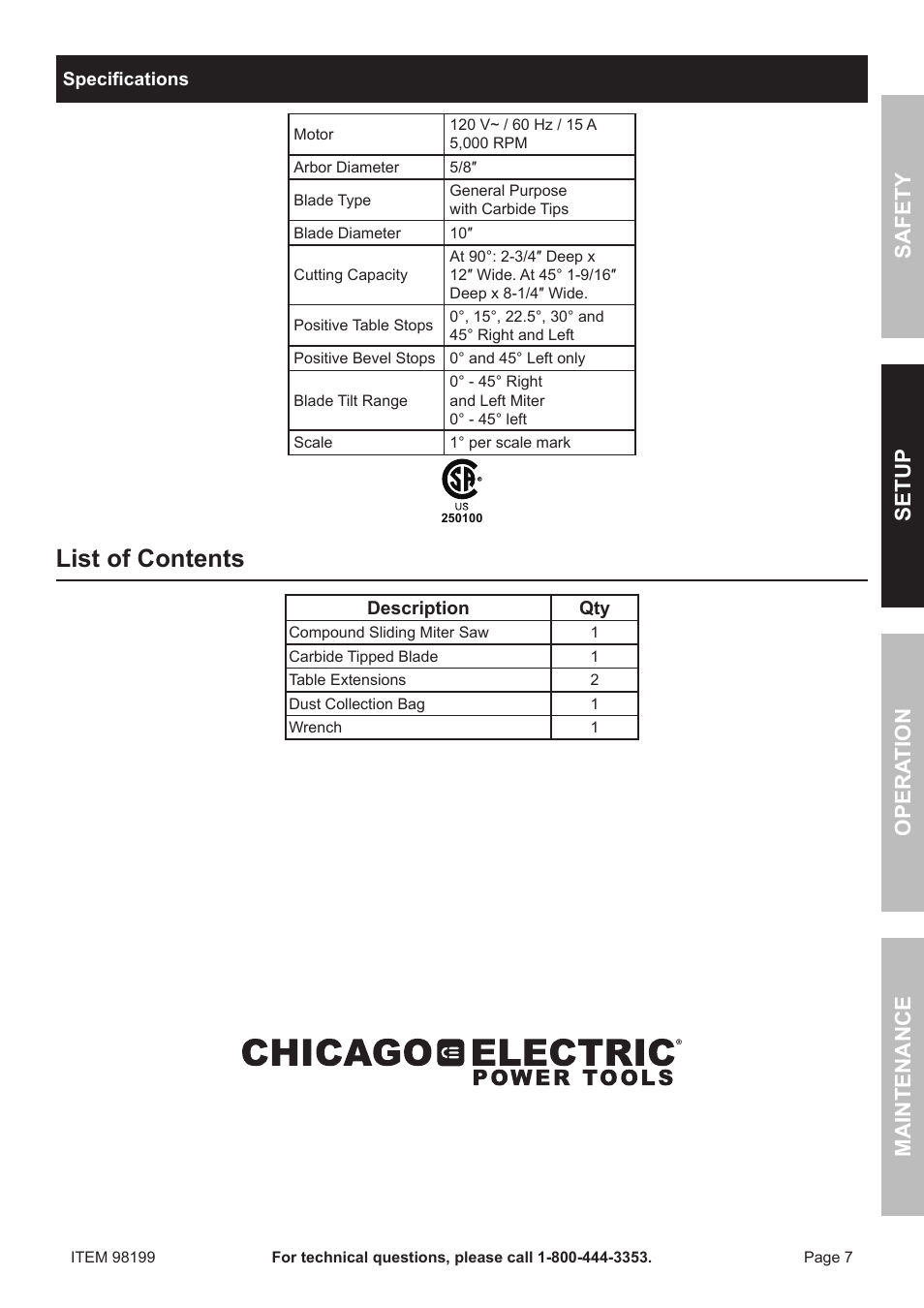 List of contents, Safety o pera tion m aintenance setup | Harbor Freight Tools 98199 User Manual | Page 7 / 20