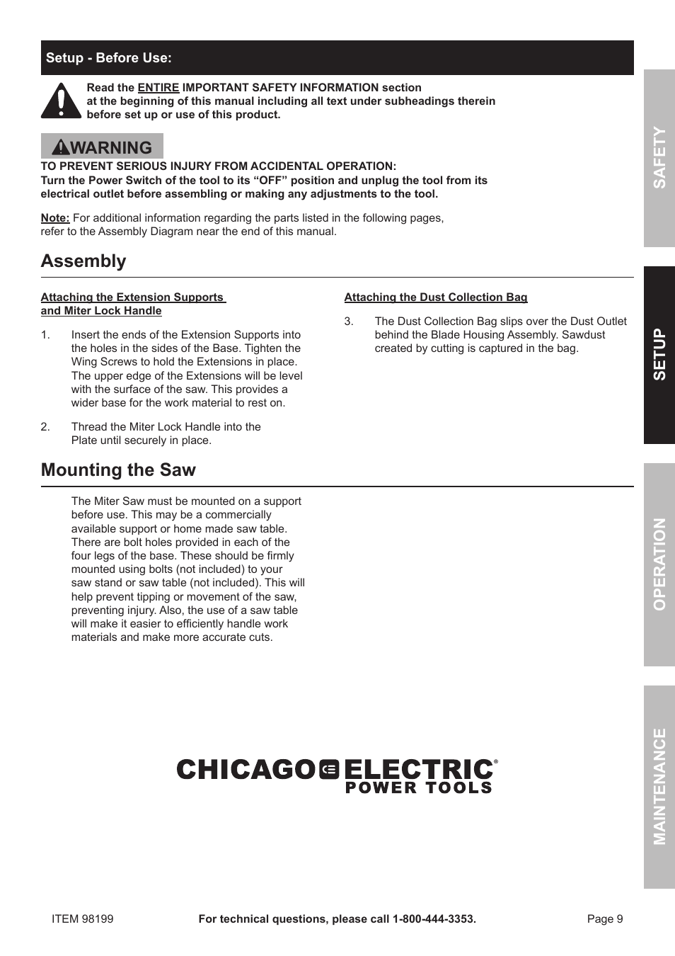 Assembly, Mounting the saw, Warning | Safety o pera tion m aintenance setup | Harbor Freight Tools 98199 User Manual | Page 9 / 20