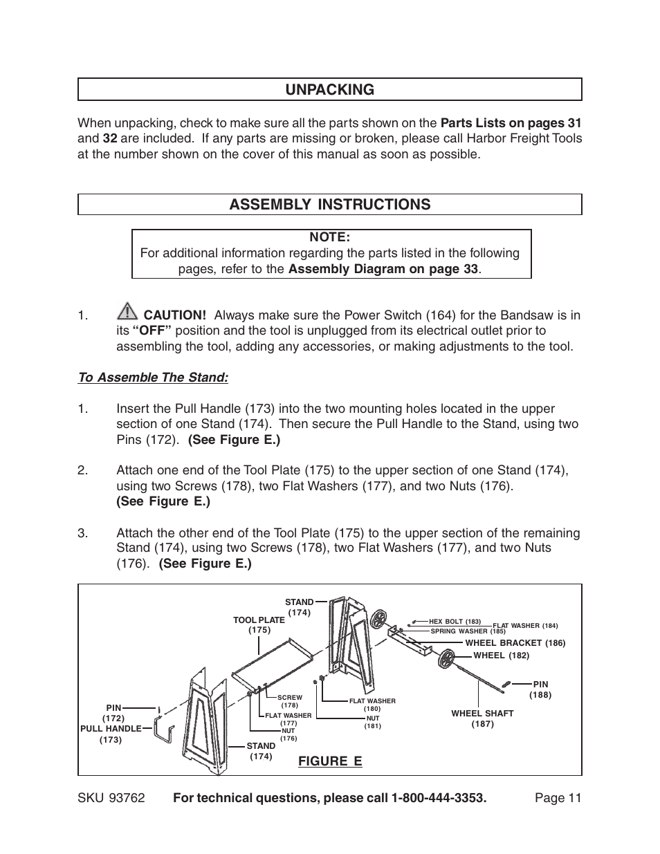 Unpacking, Assembly instructions, Figure e | Harbor Freight Tools 93762 User Manual | Page 11 / 33